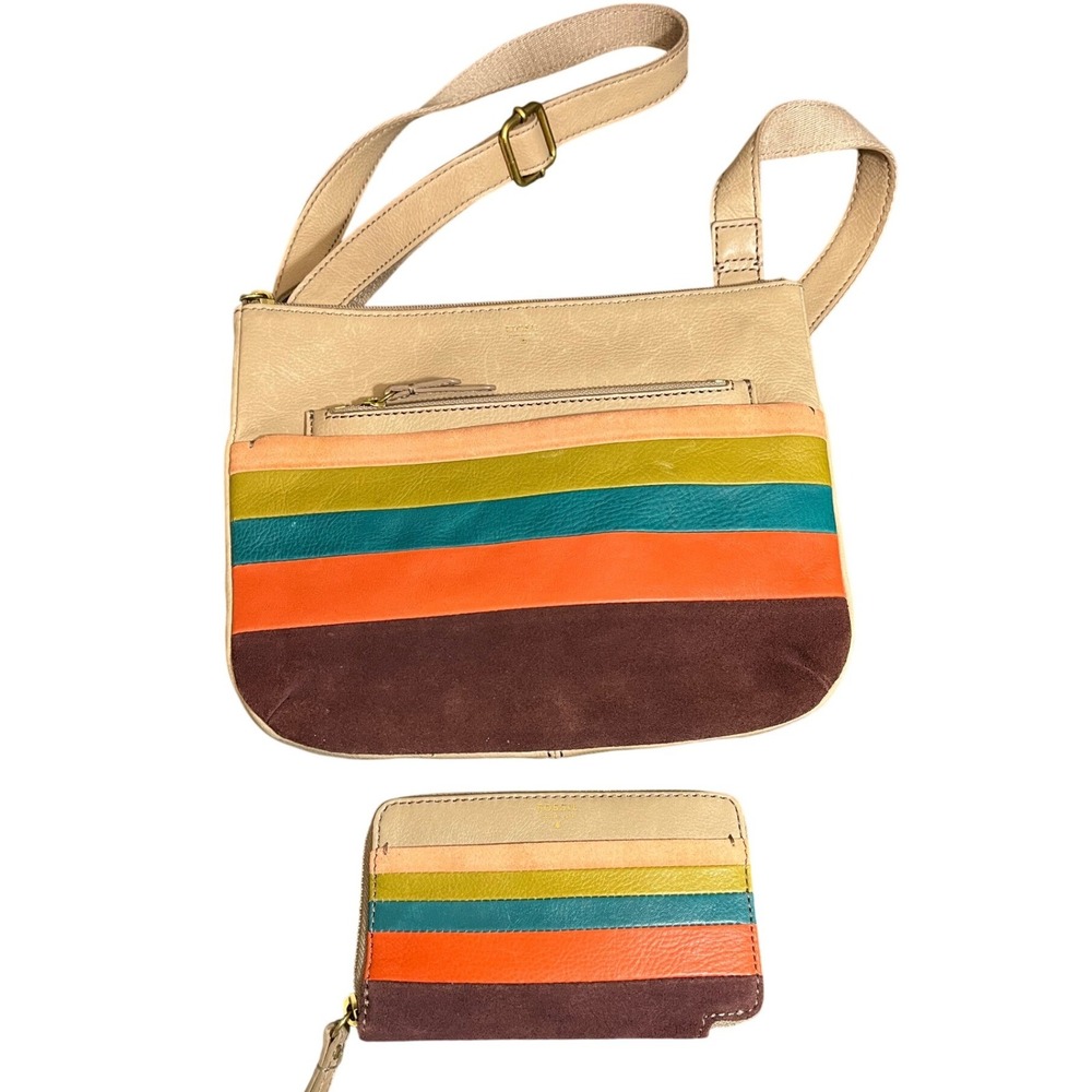 Fossil Crossbody Bag‎ and Wallet Set Womens OS Multi Color Striped Leather Suede